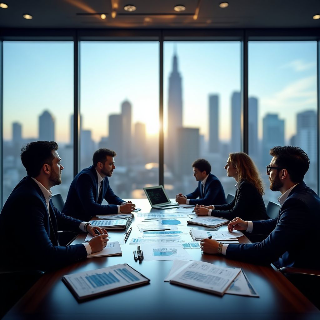 Equipo de consultores financieros en reunión estratégica